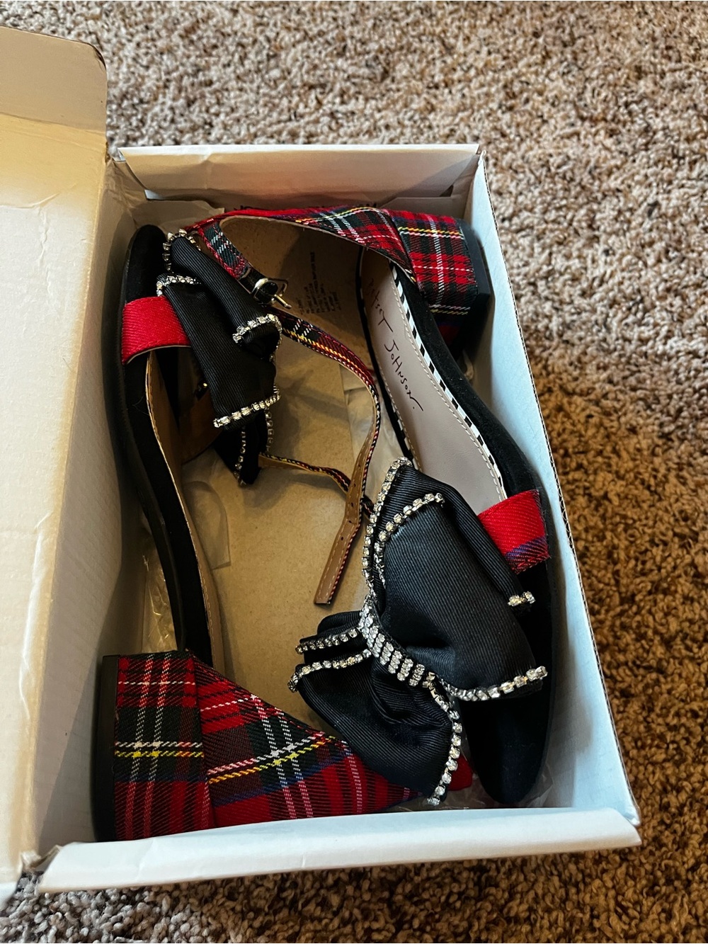 Betsey Johnson Girls Black & Red Plaid Bow Block Heel Sandals